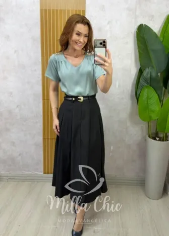 Milla Chic - Saia Luciana  — Rayon Supermidi com Cinto - Azul (cópia)