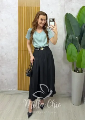 Milla Chic - Saia Luciana  — Rayon Supermidi com Cinto - Azul (cópia)