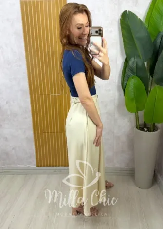 Milla Chic - Saia Luciana  — Rayon Supermidi com Cinto - Creme