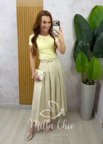 Milla Chic - Saia Luciana  — Rayon Supermidi com Cinto - Creme
