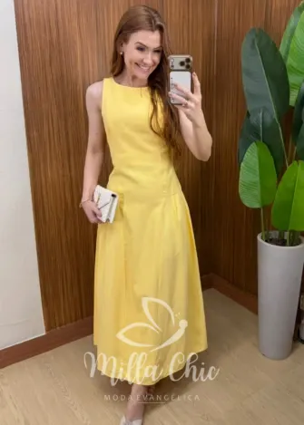 Milla Chic - Vestido Catarina – Nesgas e Amarração nas Costas - Amarelo