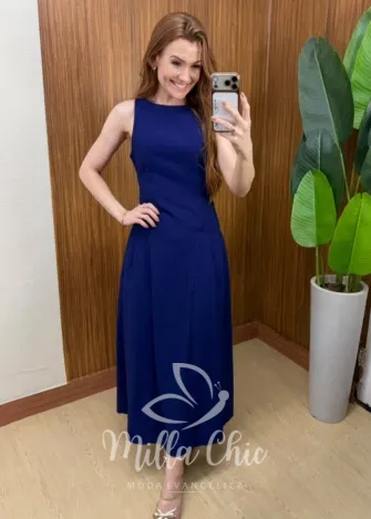 Milla Chic - Vestido Catarina – Nesgas e Amarração nas Costas - Azul Marinho