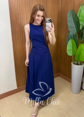 Milla Chic - Vestido Catarina – Nesgas e Amarração nas Costas - Azul Marinho