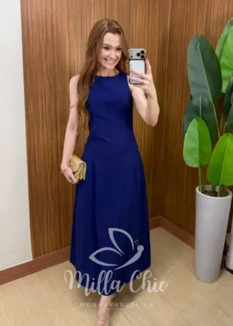 Milla Chic - Vestido Catarina – Nesgas e Amarração nas Costas - Azul Marinho