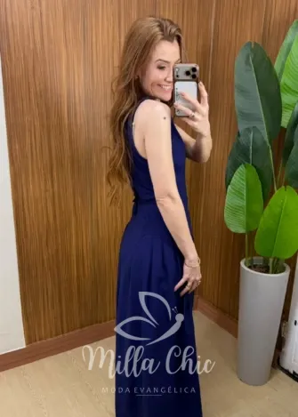 Milla Chic - Vestido Catarina – Nesgas e Amarração nas Costas - Azul Marinho