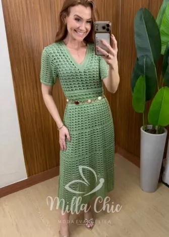 Milla Chic – Vestido Eduarda – Tricô Trabalhado Midi – Verde Milla Chic - Vestido Eduarda – Tricô Trabalhado Midi - Verde
