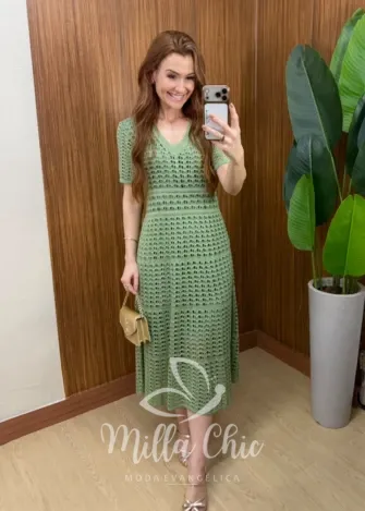 Milla Chic - Vestido Eduarda  – Tricô Trabalhado Midi - Verde