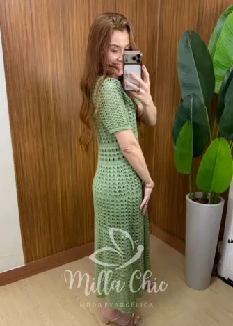 Milla Chic - Vestido Eduarda  – Tricô Trabalhado Midi - Verde