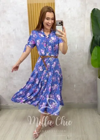 Milla Chic - Vestido Gabriela em Viscolinho - Azul