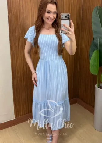 Milla Chic - Vestido Larissa em Viscolinho - Azul