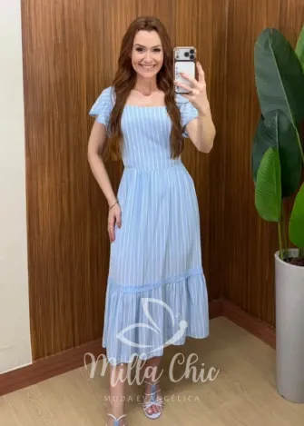 Milla Chic - Vestido Larissa em Viscolinho - Azul