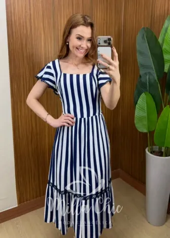 Milla Chic - Vestido Larissa em Viscolinho - Azul Marinho