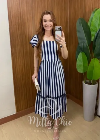 Milla Chic - Vestido Larissa em Viscolinho - Azul Marinho