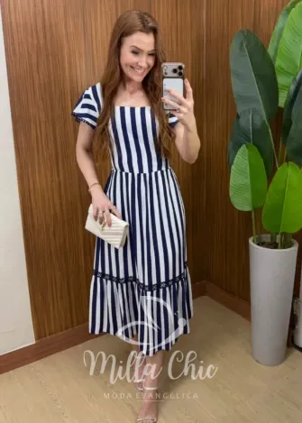 Milla Chic - Vestido Larissa em Viscolinho - Azul Marinho
