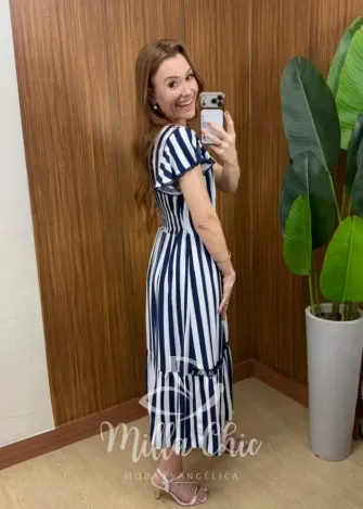 Milla Chic - Vestido Larissa em Viscolinho - Azul Marinho