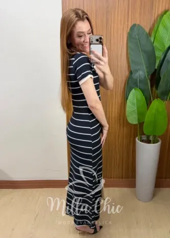 Milla Chic – Vestido Longo Jéssica em Ribana Canelada com Listras Milla Chic - Vestido Longo Jéssica em Ribana Canelada com Listras
