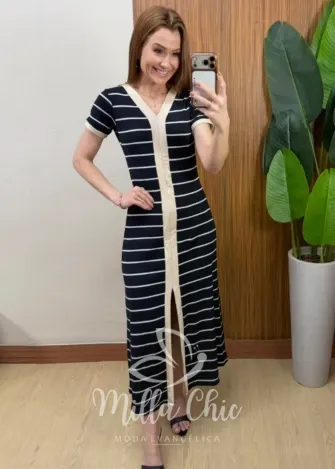 Milla Chic - Vestido Longo Jéssica em Ribana Canelada com Listras