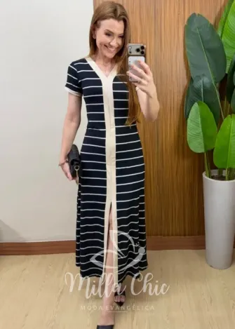 Milla Chic – Vestido Longo Jéssica em Ribana Canelada com Listras Milla Chic - Vestido Longo Jéssica em Ribana Canelada com Listras