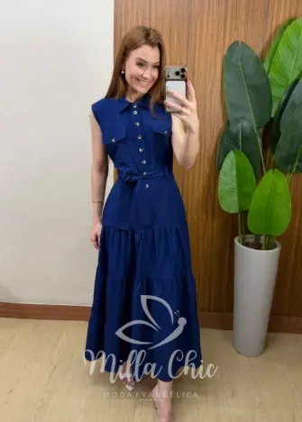 Milla Chic - Vestido Longo Rute Três Marias com Cinto - Azul