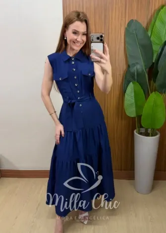 Milla Chic - Vestido Longo Rute Três Marias com Cinto - Azul