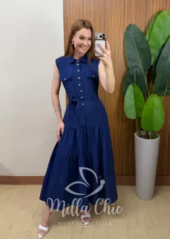 Milla Chic - Vestido Longo Rute Três Marias com Cinto - Azul