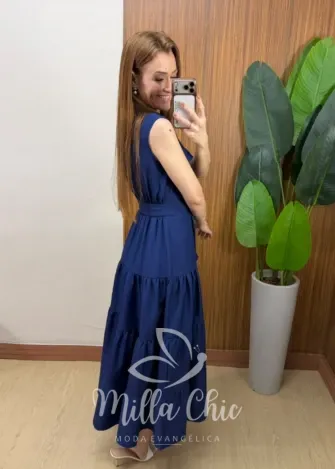 Milla Chic - Vestido Longo Rute Três Marias com Cinto - Azul