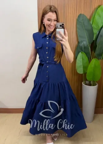 Milla Chic - Vestido Longo Rute Três Marias com Cinto - Azul