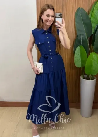 Milla Chic - Vestido Longo Rute Três Marias com Cinto - Azul