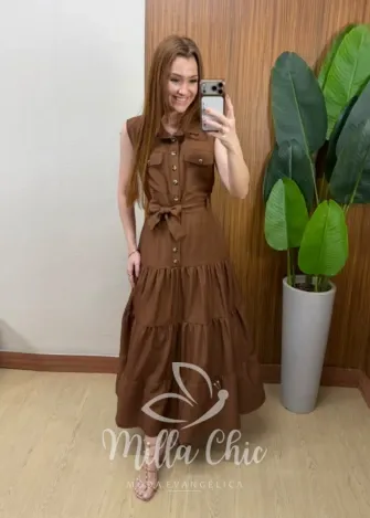 Milla Chic - Vestido Longo Rute Três Marias com Cinto - Marrom