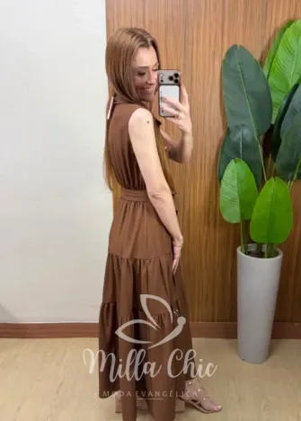 Milla Chic - Vestido Longo Rute Três Marias com Cinto - Marrom