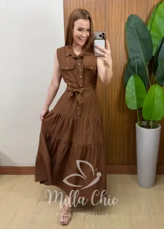 Milla Chic - Vestido Longo Rute Três Marias com Cinto - Marrom