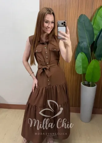 Milla Chic - Vestido Longo Rute Três Marias com Cinto - Marrom