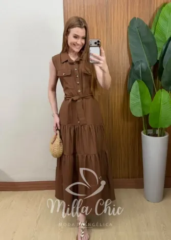 Milla Chic - Vestido Longo Rute Três Marias com Cinto - Marrom