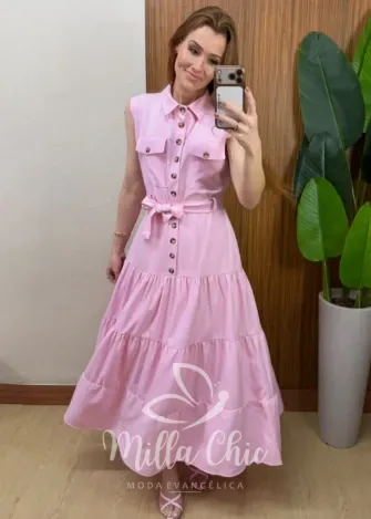 Milla Chic - Vestido Longo Rute Três Marias com Cinto - Rosa