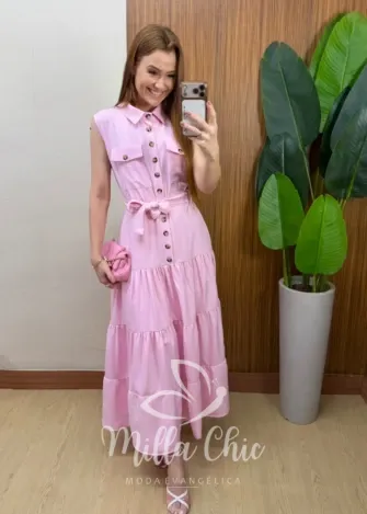 Milla Chic - Vestido Longo Rute Três Marias com Cinto - Rosa