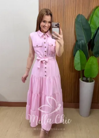 Milla Chic - Vestido Longo Rute Três Marias com Cinto - Rosa