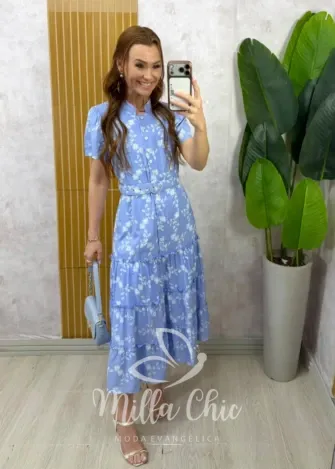 Milla Chic - Vestido Manuela — Tricoline Estampado com Babados - Azul