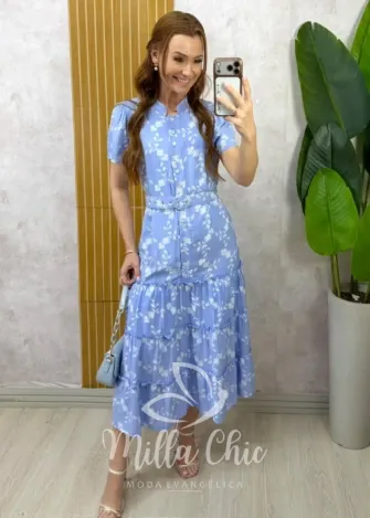 Milla Chic – Vestido Manuela — Tricoline Estampado com Babados – Azul Milla Chic - Vestido Manuela — Tricoline Estampado com Babados - Azul