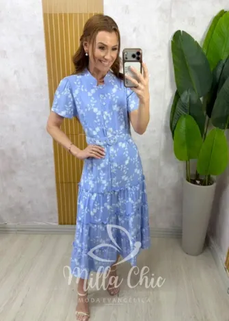Milla Chic - Vestido Manuela — Tricoline Estampado com Babados - Azul