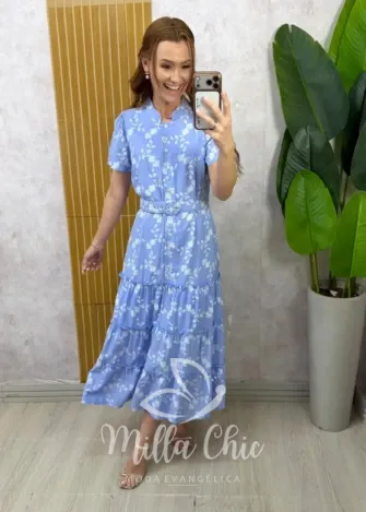 Milla Chic - Vestido Manuela — Tricoline Estampado com Babados - Azul