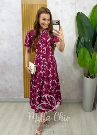 Milla Chic - Vestido Manuela — Tricoline Estampado com Babados - Azul (cópia)