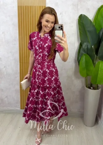 Milla Chic - Vestido Manuela — Tricoline Estampado com Babados - Azul (cópia)