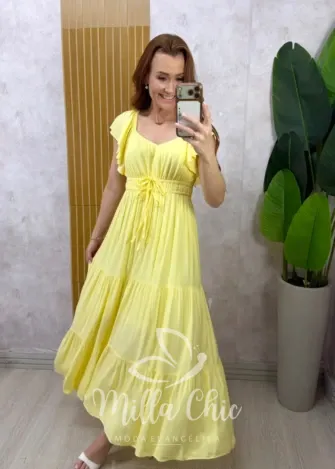 Milla Chic - Vestido Super Midi Melina — Viscolinho - Manteiga